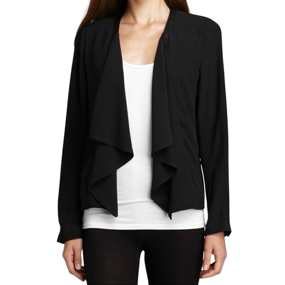 Eileen Fisher black 100% silk drape front jacket with leather trim size PL